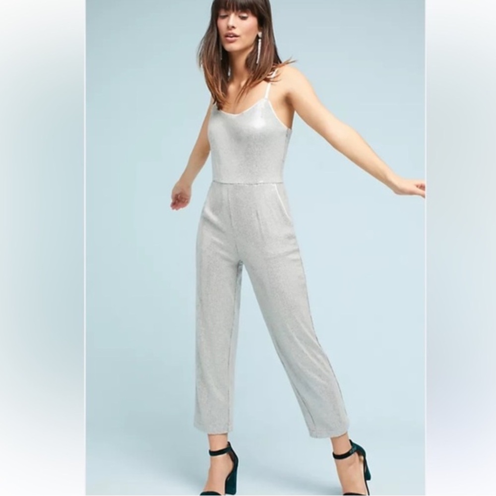 Anthropologie Claudette Sequin Sequin T-Shirt Knit Romper Jumpsuit Silver Size 2